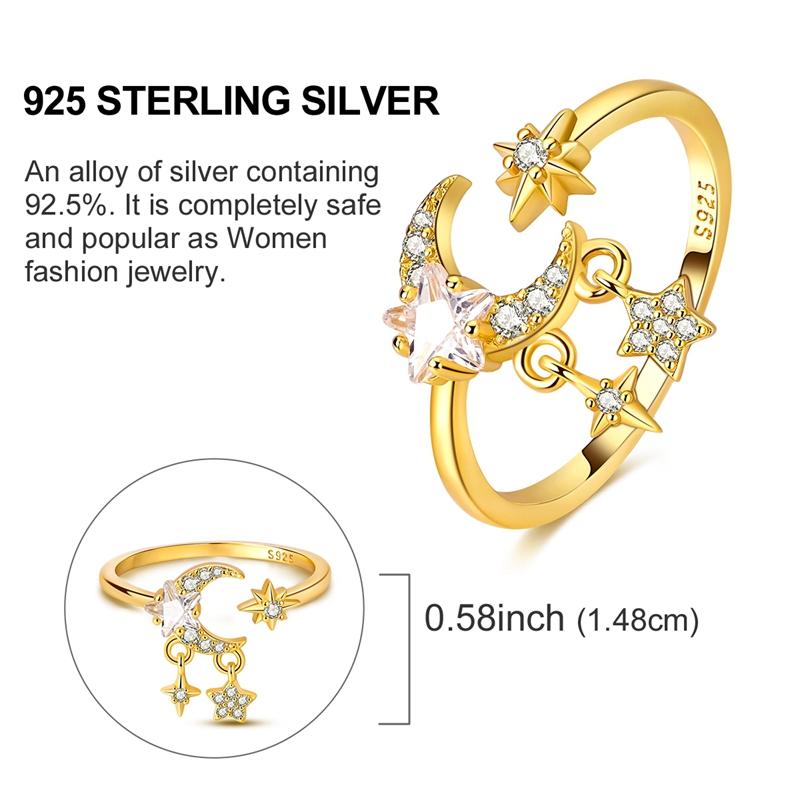 Copper Golden Collection Open Ring Authentic Star Shape Moon Zircon Wedding Anniversary Rings Jewellery Gift Ideal For Women