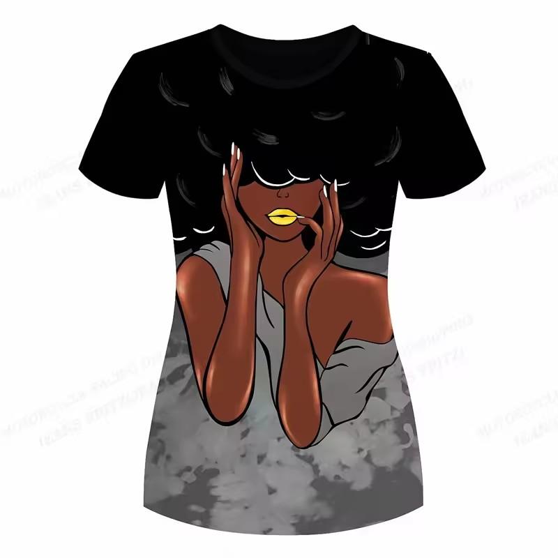 Melanin Girl Natural Hair Pattern T-shirt, women's T-shirt, African casual short-sleeved round-neck top T-shirt