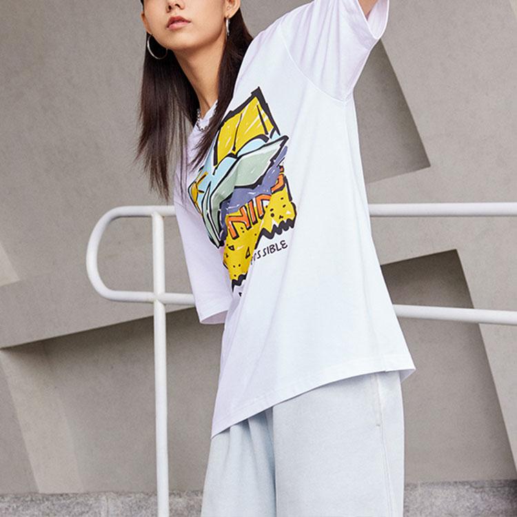 Lining Sports Life Cartoon Print Round Neck Short Sleeve T-Shirt Unisex Tops White AHST543-1