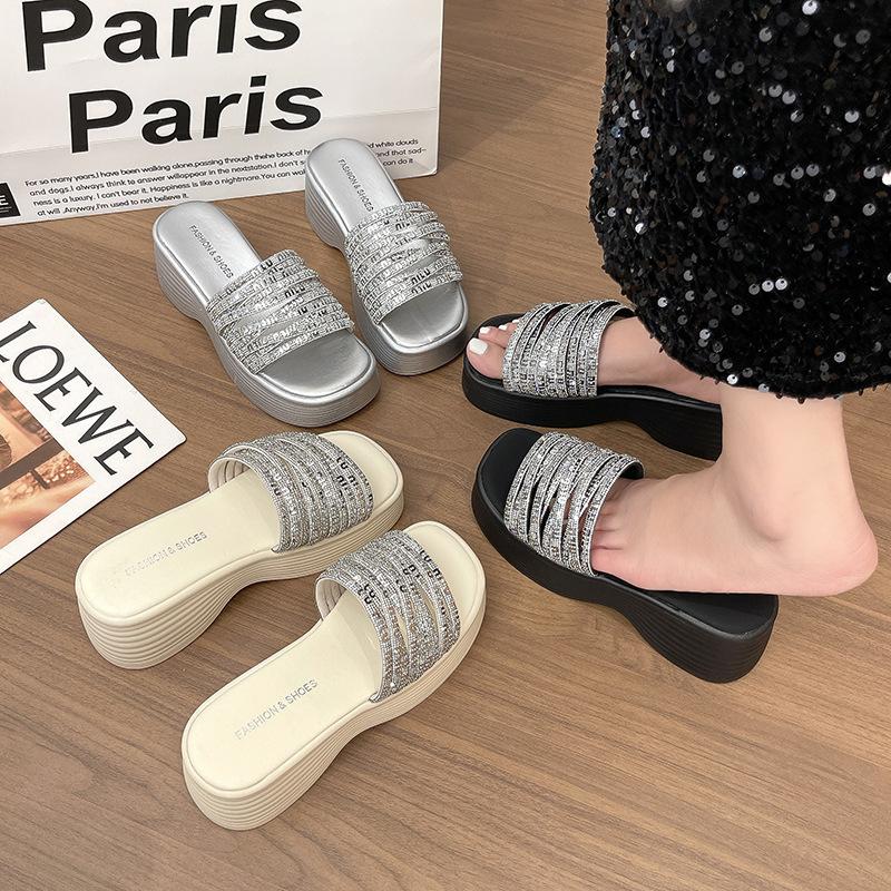 Thick-soled Heel Rhinestones 2025 Summer New Skirt Outer Wear with Fairy Wind Slope One-word Slippers Open-toed Cool Slippers