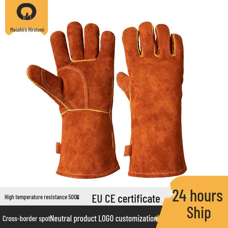 High-Temperature Heat-Resistant Cowhide BBQ Gloves with Fireproof Aluminum Foil Lining, Protects Against Heat Up To 500℃.