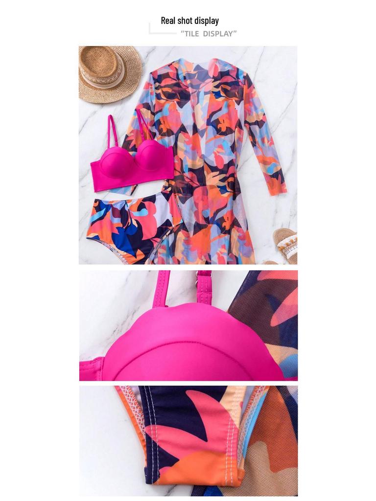 Women's European & American Mesh Gathered Bikini: Sexy Printed 3-Piece Swimsuit Set.