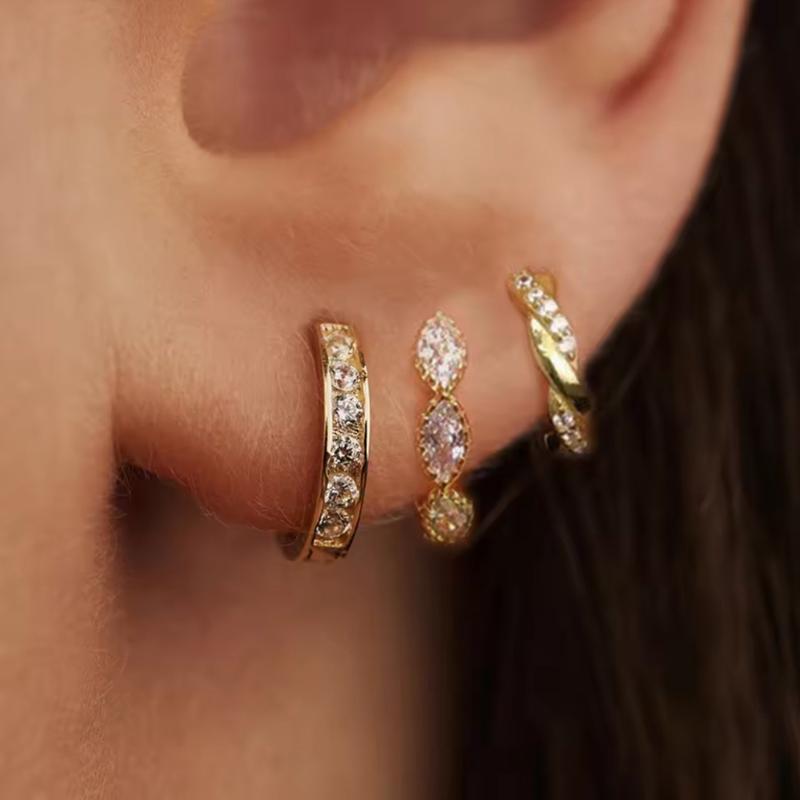 3 STÜCKE Edelstahl Goldfarben Kreis Creolen Set für Damen Einfache Zirkon Blume Ohrstecker Knorpelpiercing Schmuck