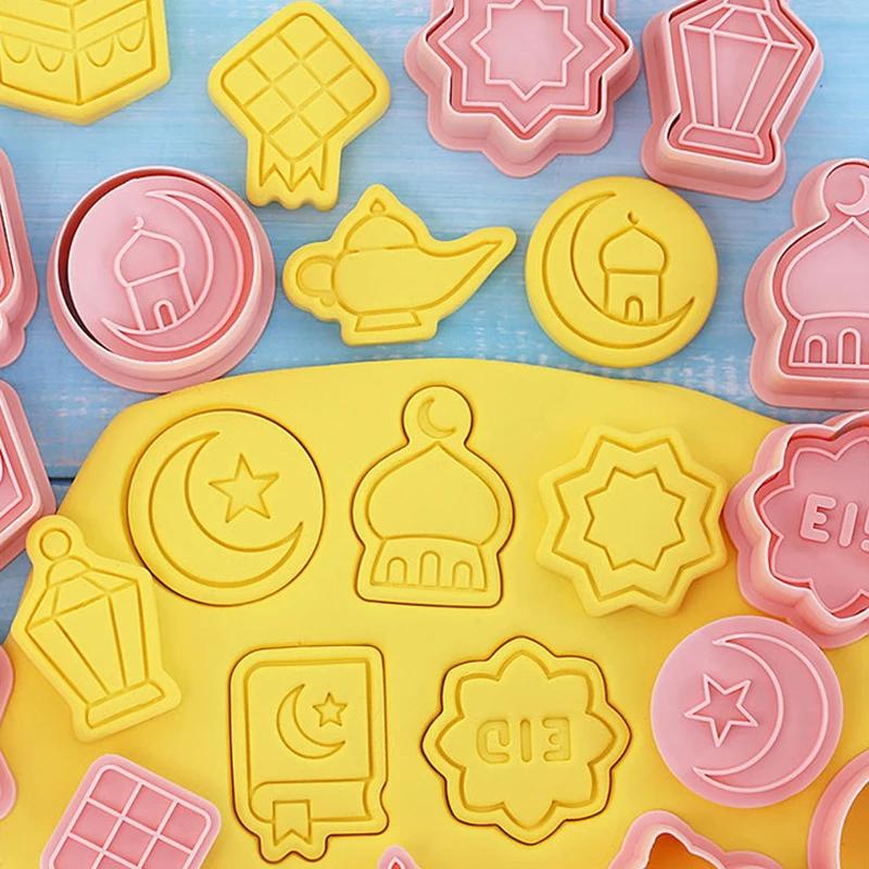 Eid Mubarak Cookie Cutters Star Moon Biscuit Stamp Embossing Mold Islamic Lantern Mosque Ramadan Fondant Baking Tools Cake Decor