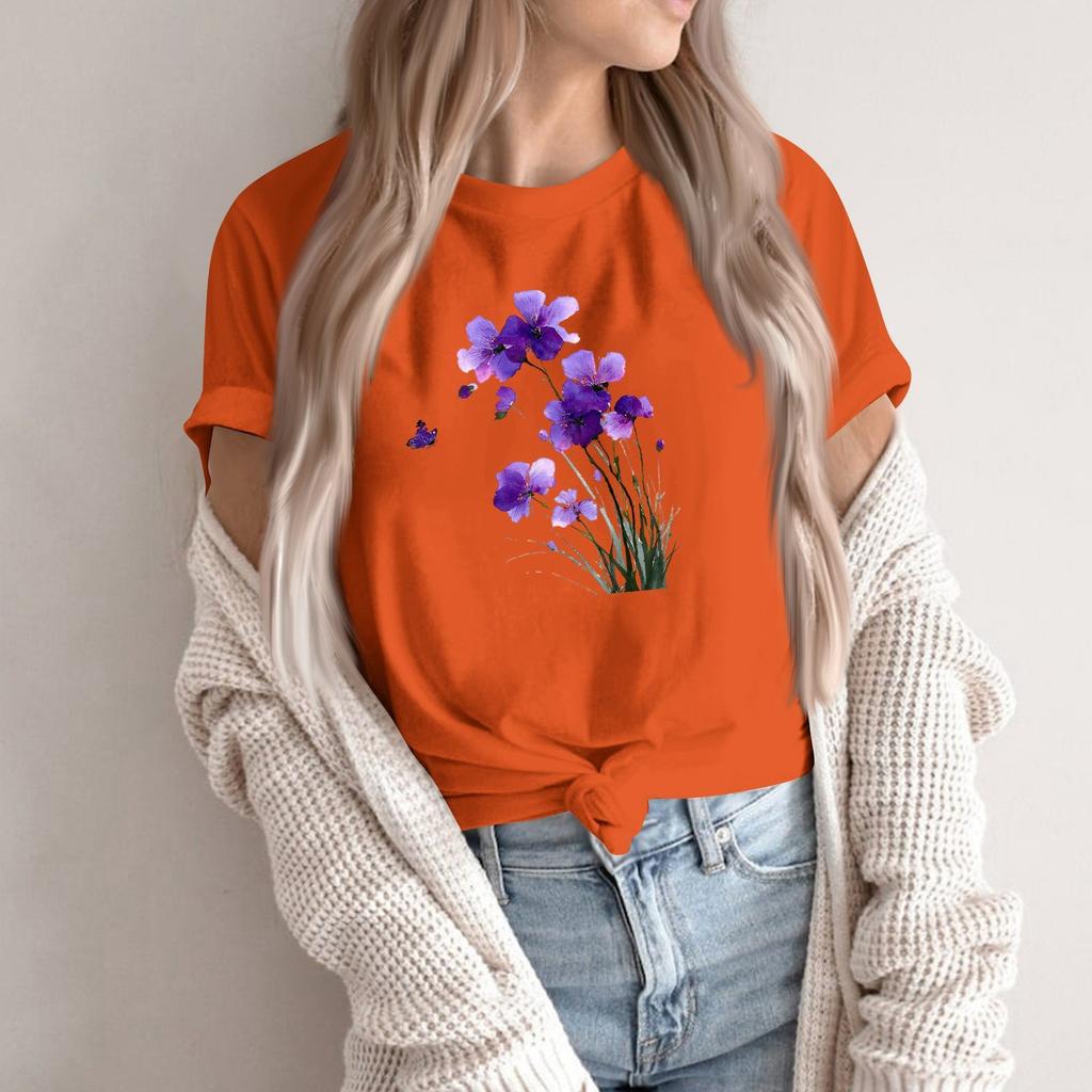 Camiseta Pulóver Casual de Moda para Mujer con Cuello Redondo Estampado y Manga Corta