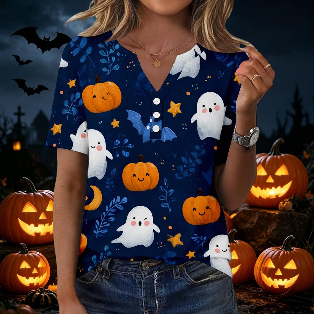 Women's Casual Halloween Print V Neck Short Sleeve Button Down T Shirt