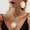 Stitched imitation pearl pleated oval stud earrings gold chain light luxury niche necklace jewelry set