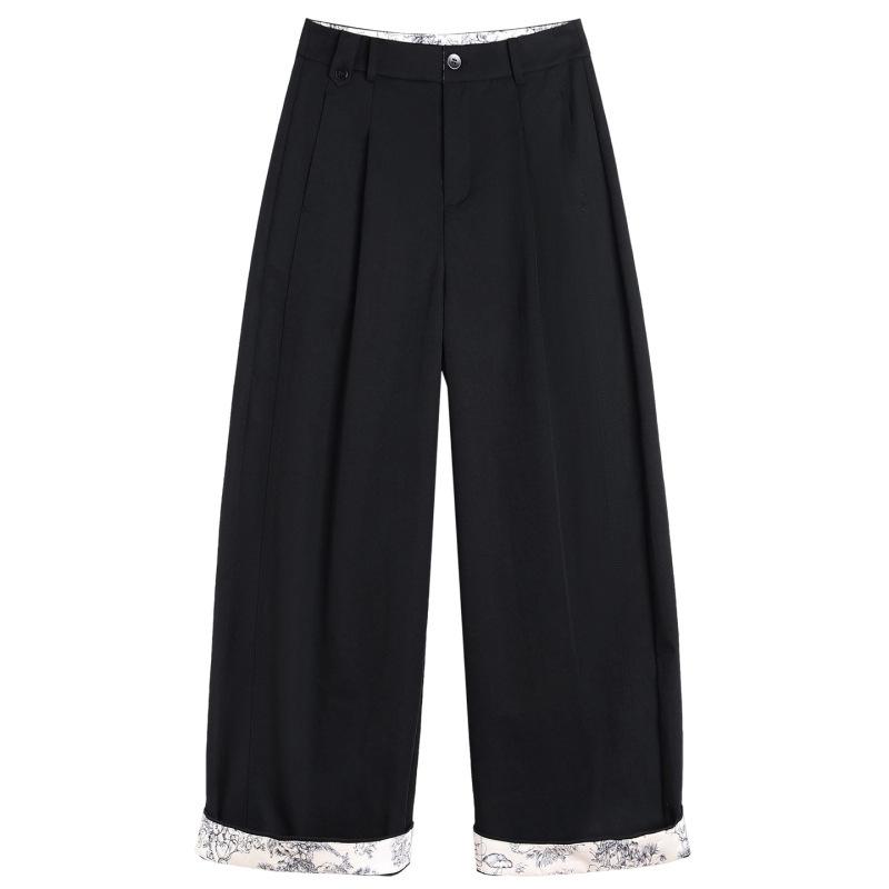 2026 Spring/Autumn Women's High-Waisted Wide-Leg Color Block Lace Casual Pants, Plus Size