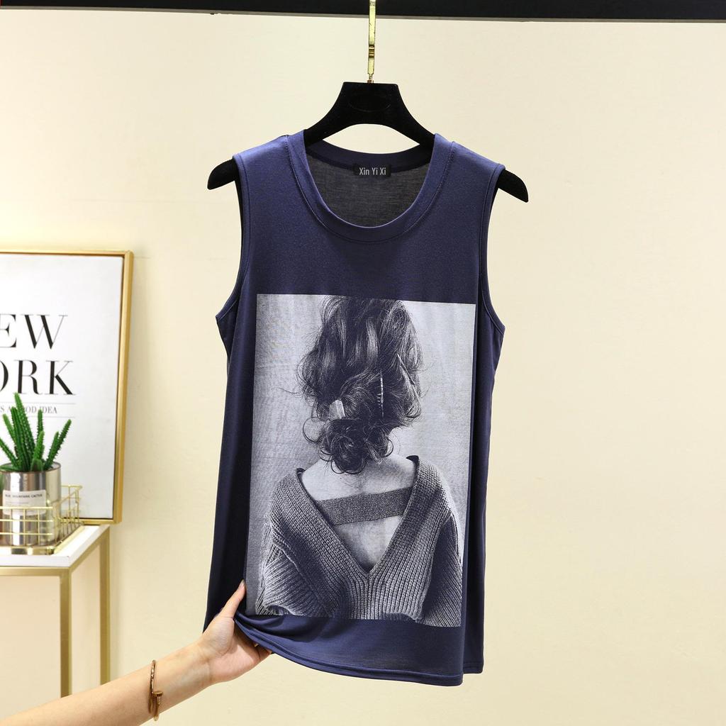 Letnia Bezrękawnikowa Kamizelka z Okrągłym Dekoltem i Nadrukiem z Modal