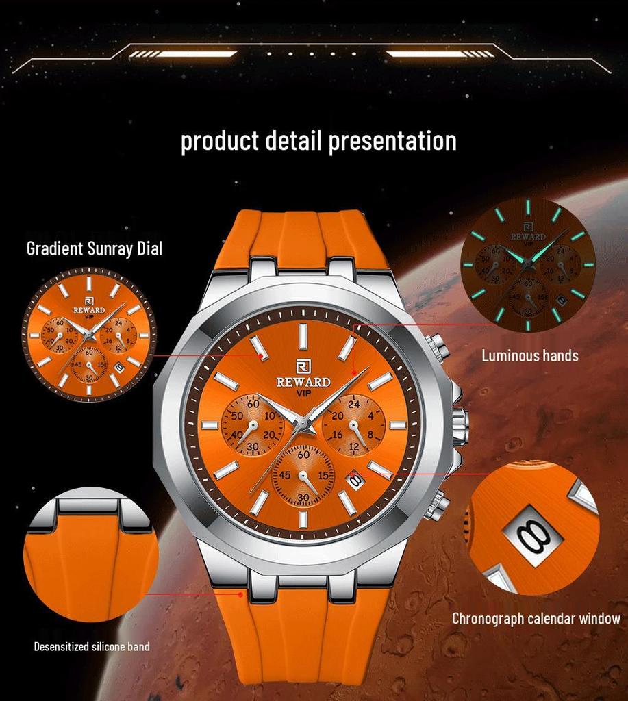 Men's Quartz Watch with Silicone Band, Multifunctional Design, Three Subdials, Six Hands, and Calendar.