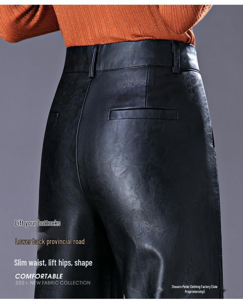 Women's High Waist Sheepskin Straight Leg Leather Pants - Slimming Nine-Point Wide Leg (Autumn/Winter 2025 Collection)
