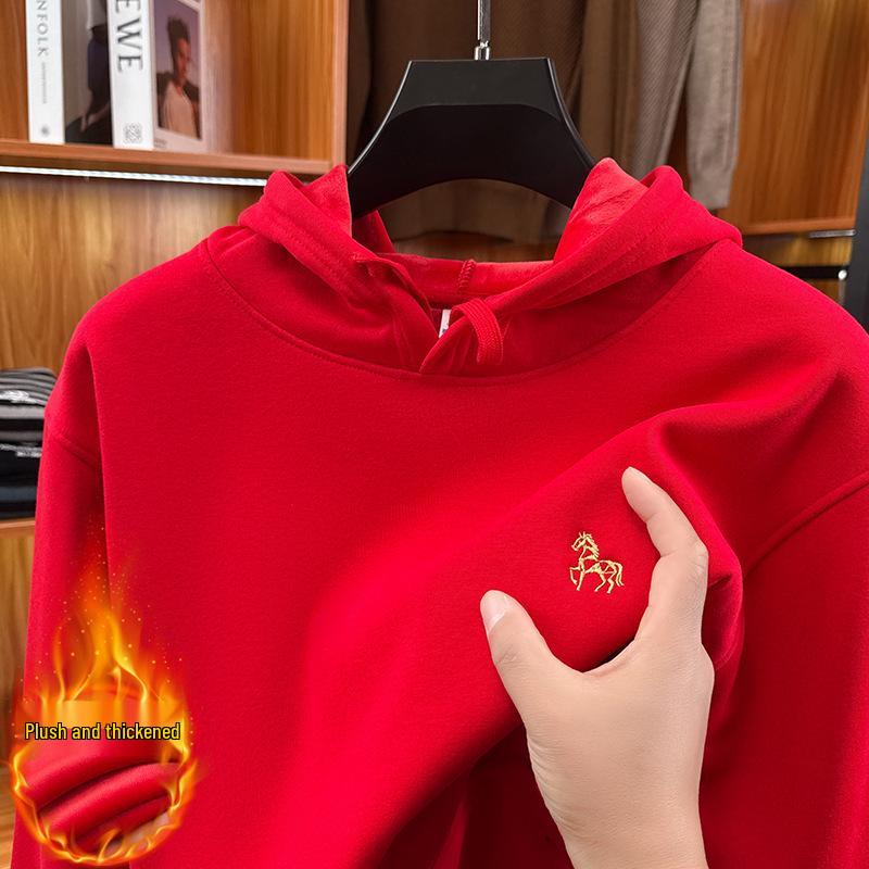 

Men s Winter Velvet Zodiac Year of the Horse Embroidered Red Cotton Hoodie 3XL (80-90 kg)