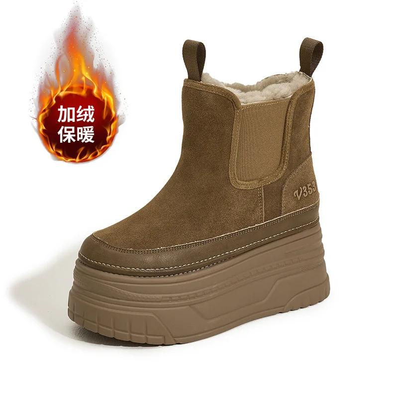 

2025 Новые 9 см Женские Замшевые Коровья Натуральная Кожа Платформа Танкетка Зимние Плюшевые Женские Сапоги Скрытые Каблуки Весенние Теплые Ботильоны 39 хаки