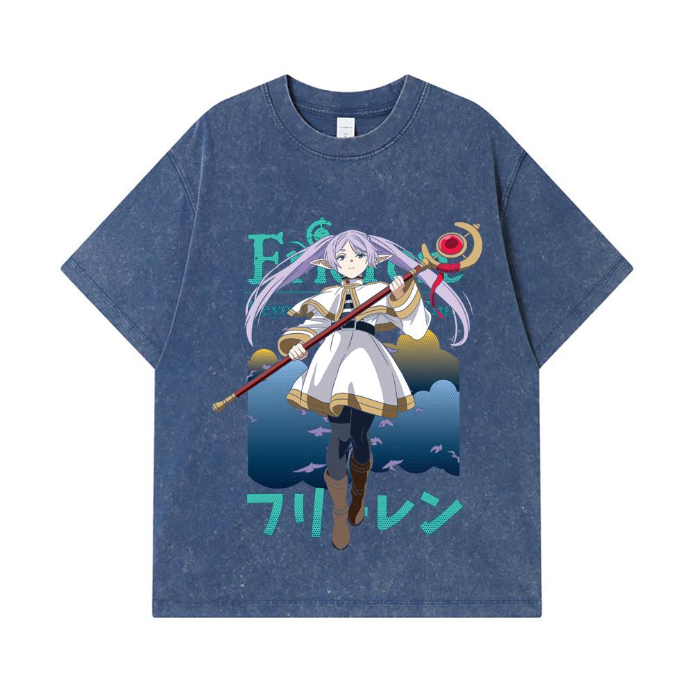 

275 GSM Washed T-shirts 100% Cotton Frieren V4 Print Unisex Heavy Cotton T Shirt 2XL