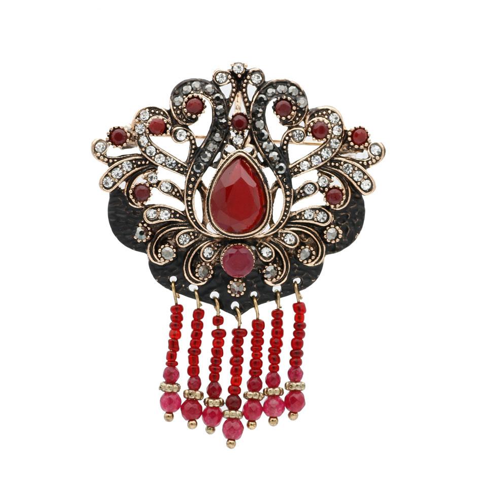 Vintage Bead Resin Brooch Jewelry Antique Gold Color Black Paint Hollowed-out Flowers Ethnic Wedding Badge Gift