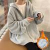 Women's Plus Size Velvet-Lined Embroidered Hooded Sweatshirt - Cozy Autumn/Winter Loose Fit Zipper Cardigan
