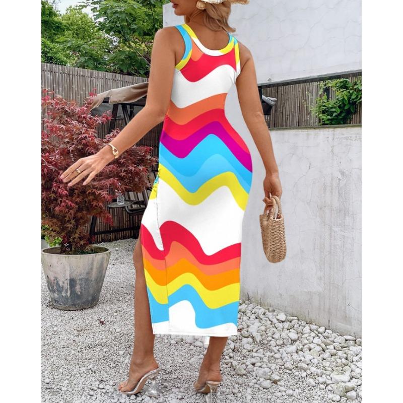 YYFS Women's Fashion Summer Spring Solid Color Print Sleeveless U-Neck High Waist Casual Dresses