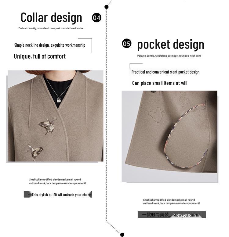 Mom's Embroidered Double-Faced Cashmere V-Neck Short Coat for Middle-Aged and Elderly Women - Autumn/Winter Fashion