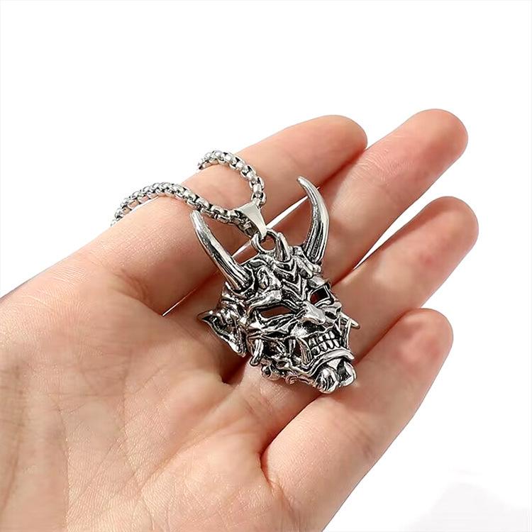 New Horn Prajna Ghost Titanium Steel Pendant Necklace Retro Mask Hip Hop Jewelry Accessories 60cm