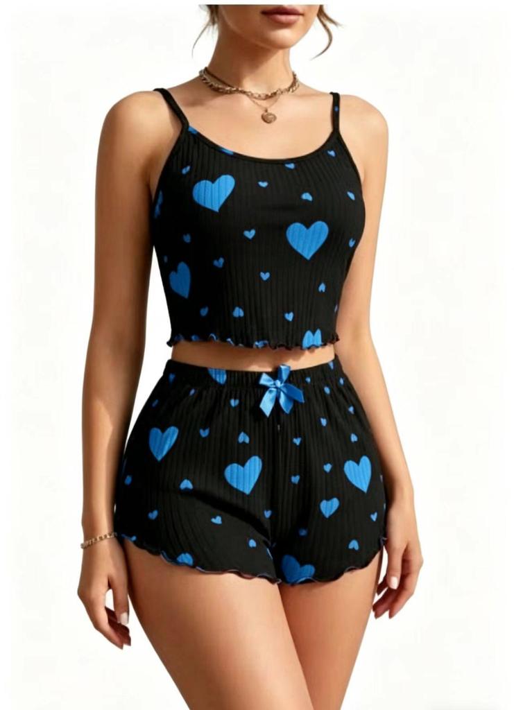 Heart Print Camisole and Shorts: Women's Autumn Ribbed Pajamas and Casual Wear