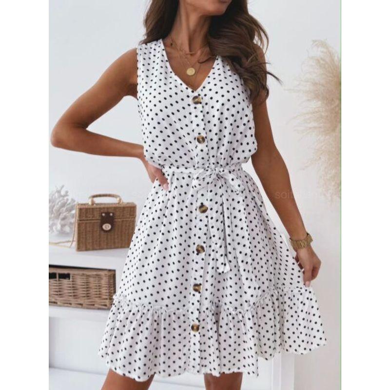 Sexy V-neck Slimming Lace-up Polka Dot Sleeveless Dress