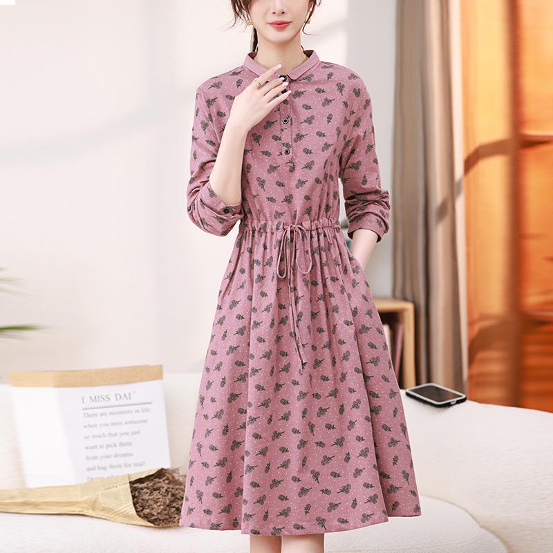 

Осеннее платье миди приталенного силуэта для женщин с кулиской на шнуровке и маленьким лацканом M