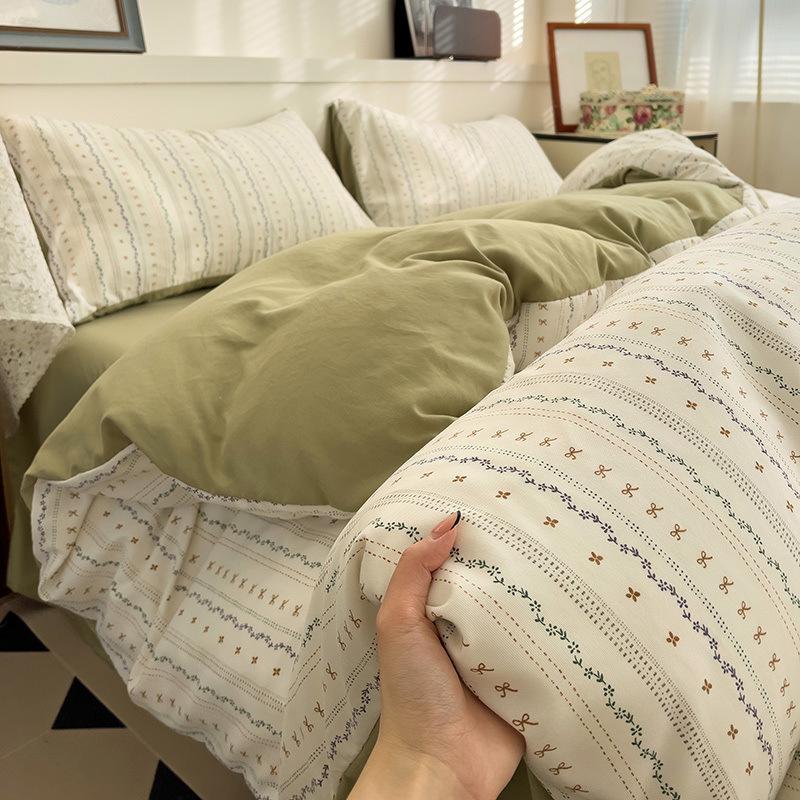 Class A Maternal And Infant Grade Knitted Cotton Double-Layer Yarn Four-Piece Set Simple Floral Bed Sheet Quilt Cover Dormitory 3Pcs Set Factory