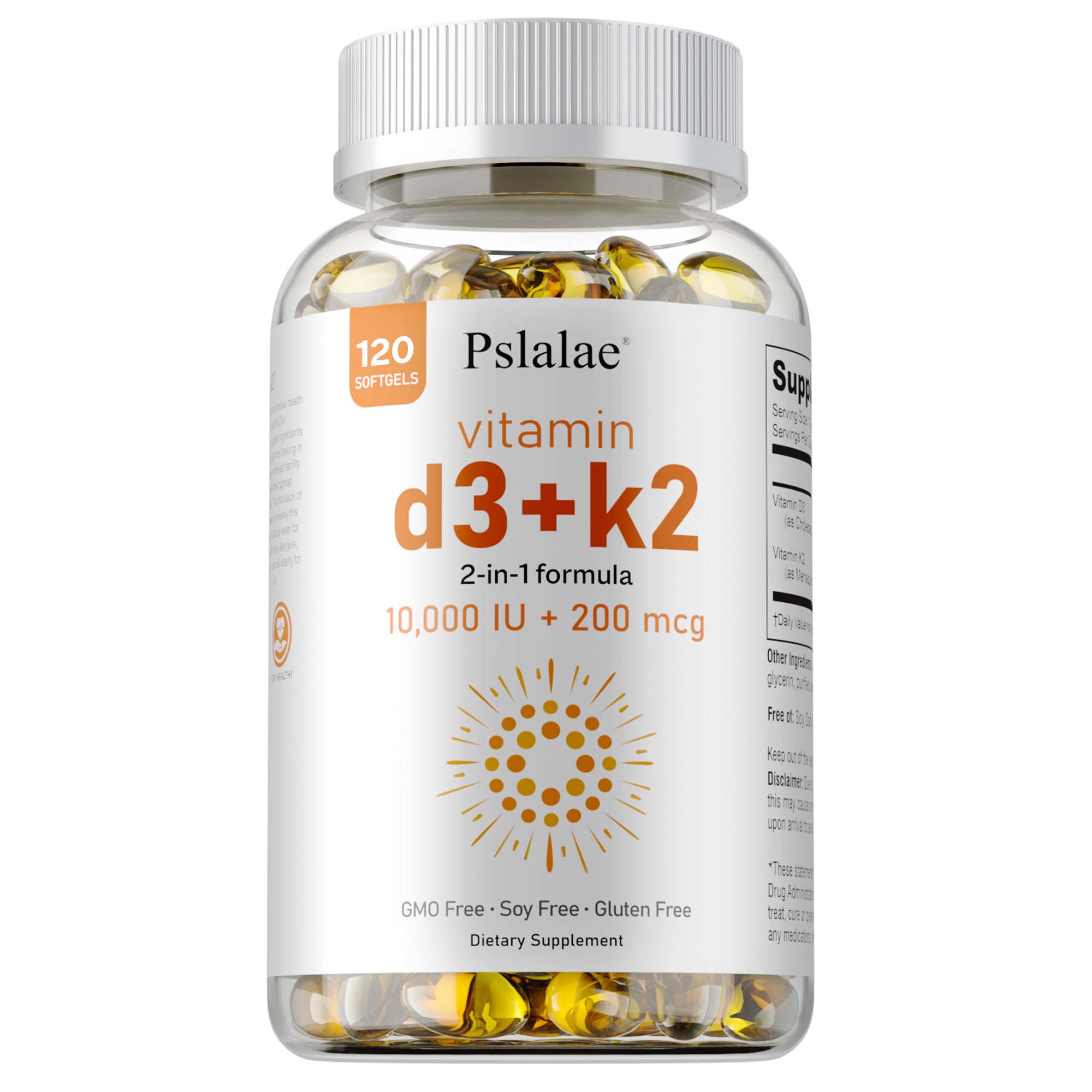 

Premium Vitamin D3 + K2 softgels, 10,000 IU per serving, nutritional supplement, suitable for adults. 120