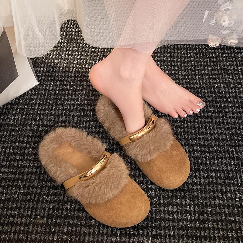 French temperament evening breeze flat heel cotton drag girl velvet 2025 autumn and winter new fairy fluff outside wearing Mary Jane slippers