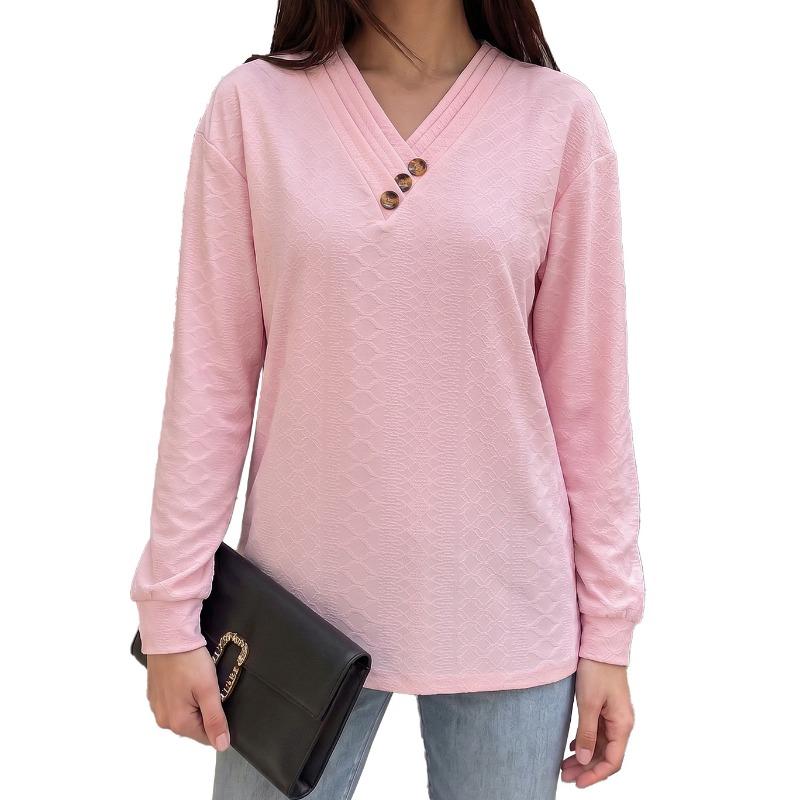 Solid Color V Neck Button Decor Loose Long Sleeve Casual T Shirt Top