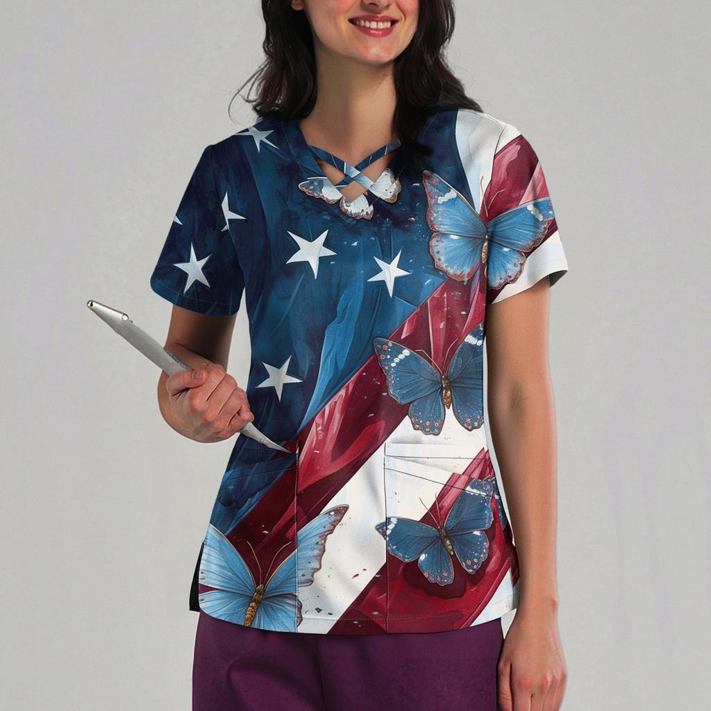 Women's Loose Independence Day Printed Top Short Sleeve T-shirt Pullover