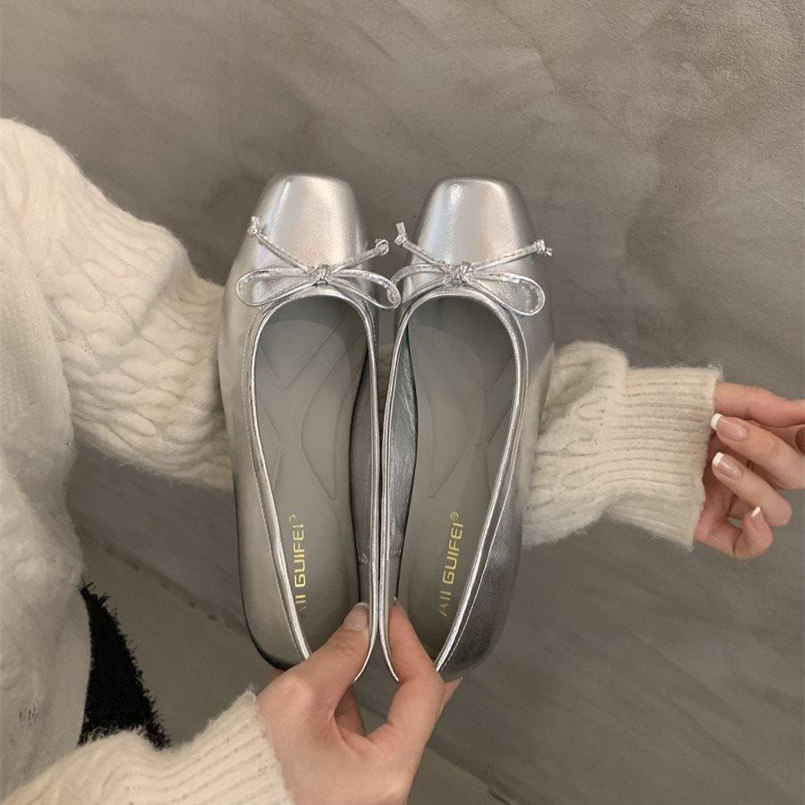 Shoes year-old gentle evening wind flat bottom shallow mouth bow spring new single shoes evening silver French ladyshoes women 2025