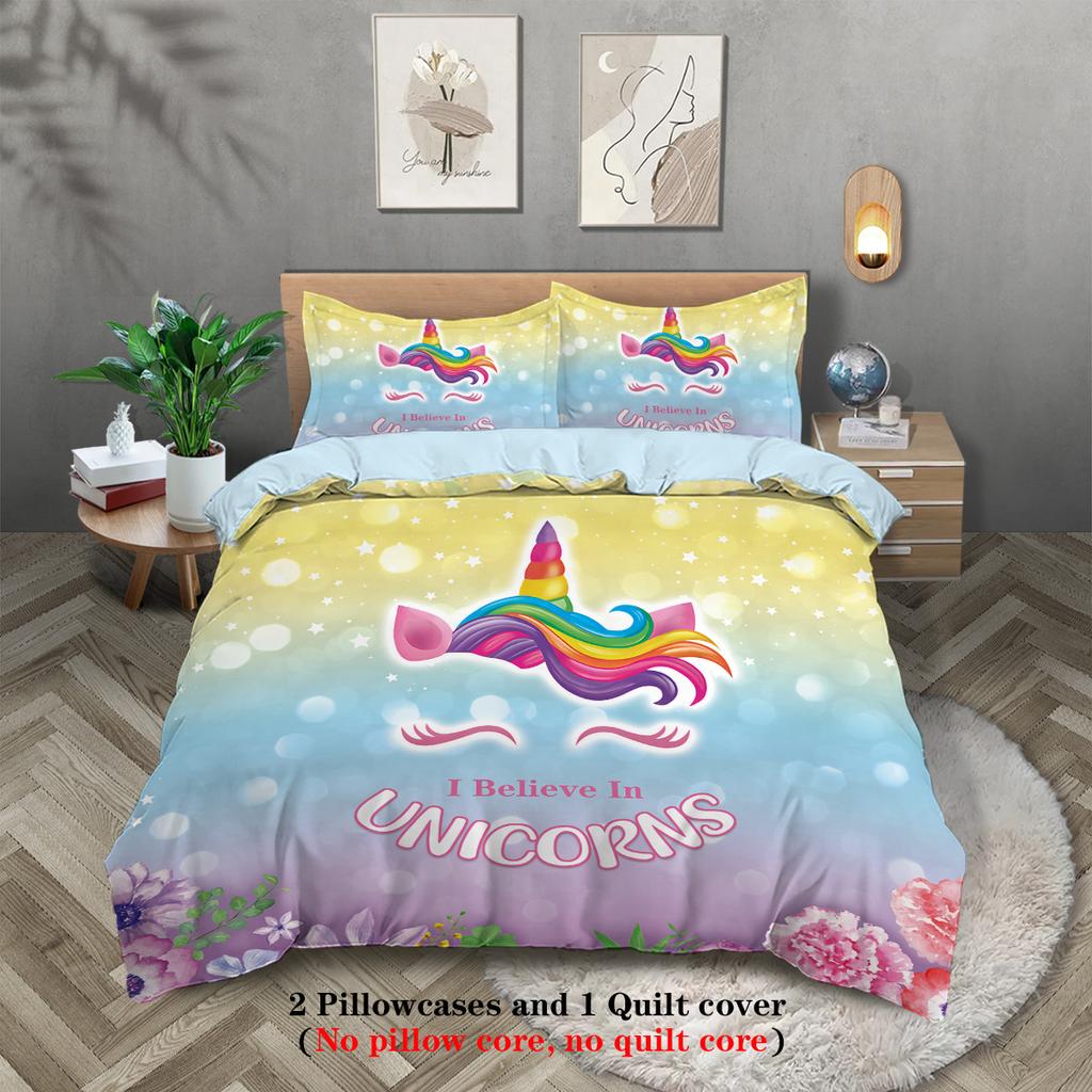 3pcs Cartoon Unicorn Pattern Print Duvet Cover Set, Soft, Comfortable and Breathable, for Bedroom, Hotel, Best Gift for Girls