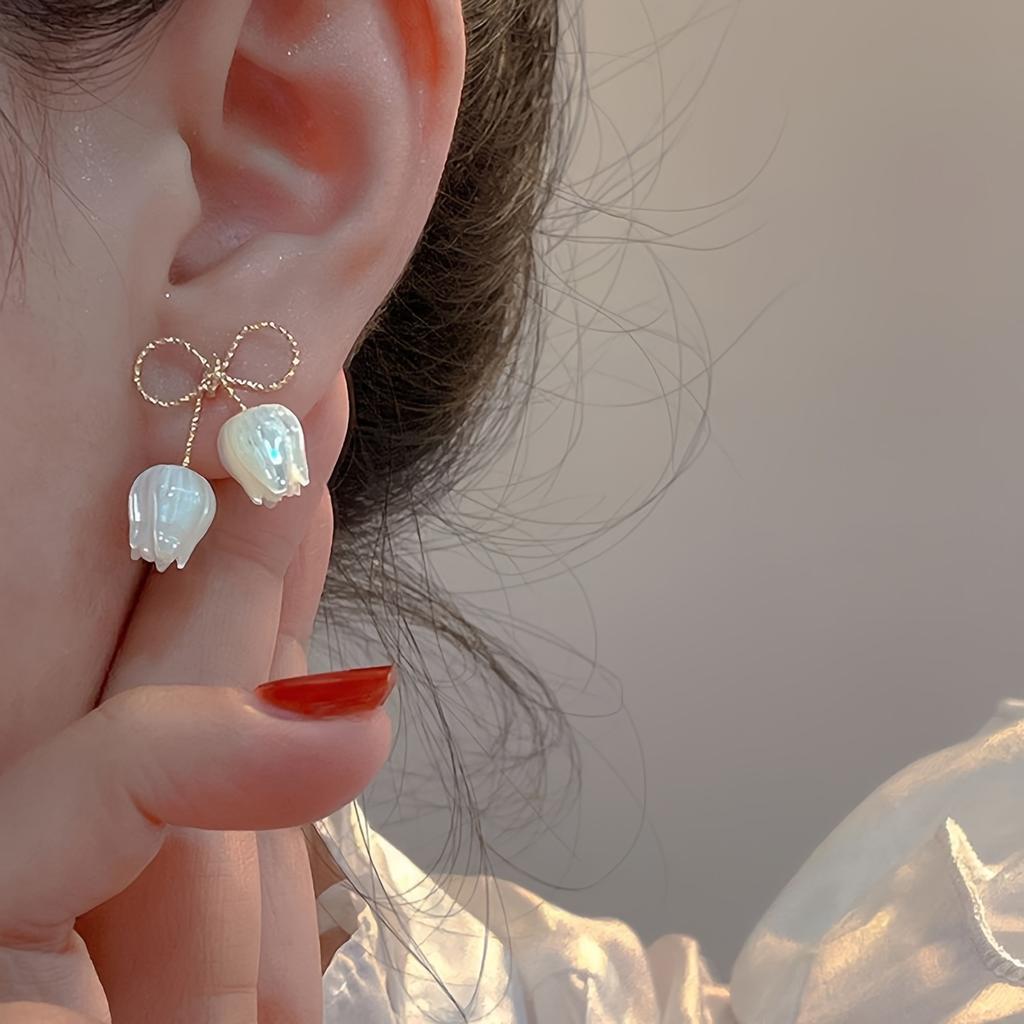 Schleifen-Tulpen-Blumenohrringe für Damen, Eleganter Hochwertiger Hängeschmuck Tägliches Hochzeitsgeschenk für Freundin