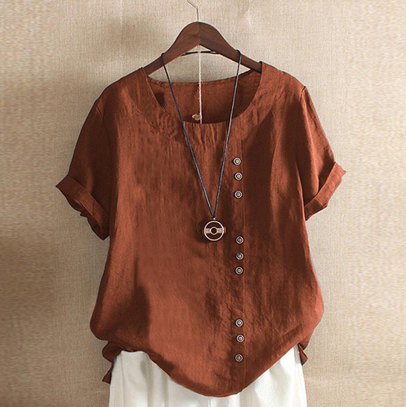

2025 Summer Retro Solid Plus Size Casual Loose Cotton Linen Short Sleeve Round Neck Top M кавовий