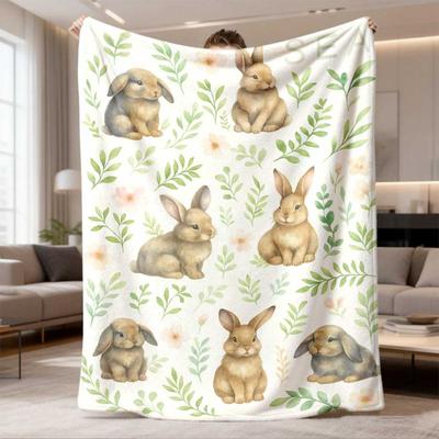 2026 New Arrival Flannel Blanket AsianInfluenced Polyester Throw Blanket with Rabbit Print, AllSeason Cozy Cover with Unique Embellishments, Perfect G