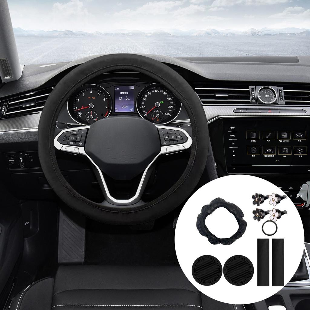 10pcs Women's Leather Steering Wheel Cover, Car Accessories Set With Seat Belt Shoulder Pads,  Start Button Ring Sticker, Vent Clip, Car Accessories