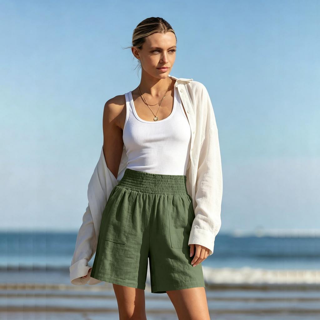 High Waist Elastic Waistband Casual Shorts for Women Loose Fit Cotton Summer Shorts with Pockets Lightweight Design