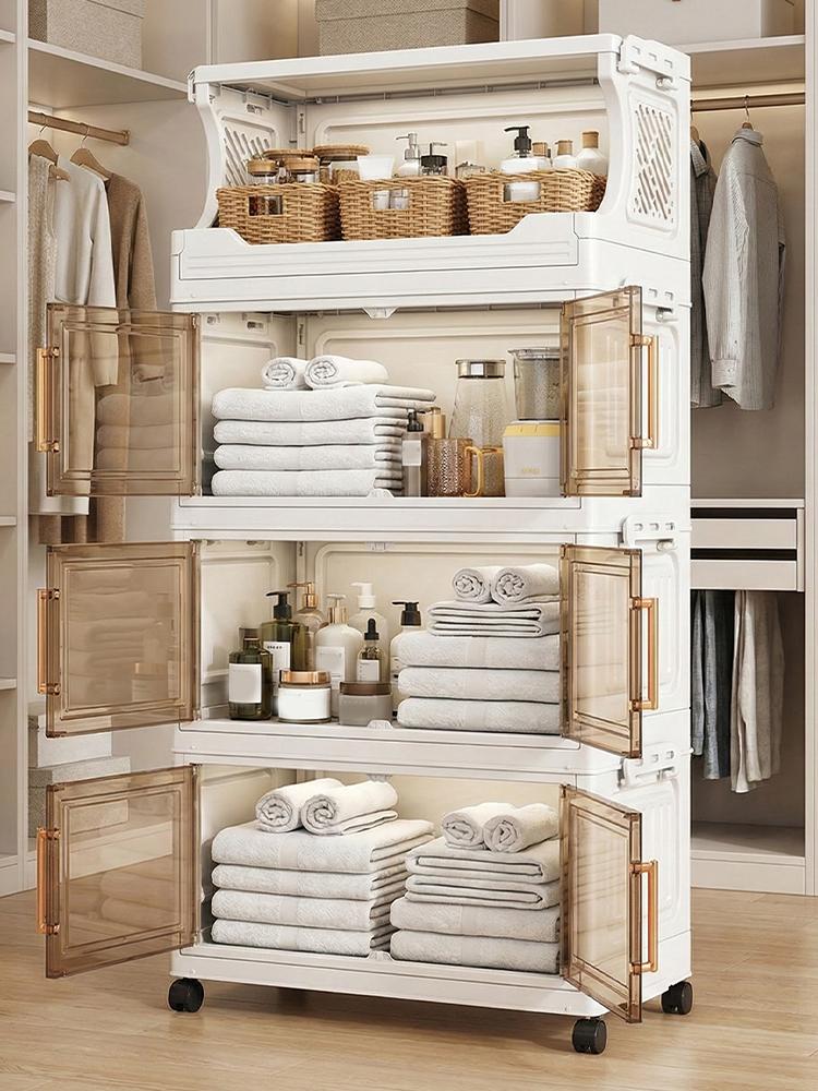 3 Tier Collapsible Storage Boxes with Doors and Wheels 42cm Stackable Storage Cabinet for Craft Home Pantry DormTransparent