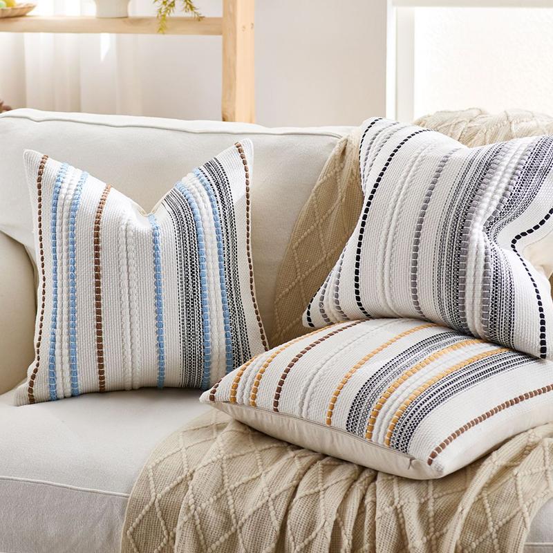 Boho Throw Pillow Covers Farmhouse Striped Square Cushion Cover Chenille Tufted Pillowcases for Home Living Room Couch Decor
