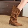 Winter Fashion Pleated Woman Knee-High Boots Pointed Toe Internal Elevation Shoes Street Style Mordern Long Botas Mujer