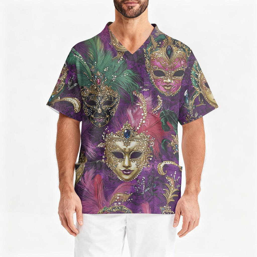 Men's Printing Short Sleeve V-neck Working Blouse Chest Pocket Carer Top