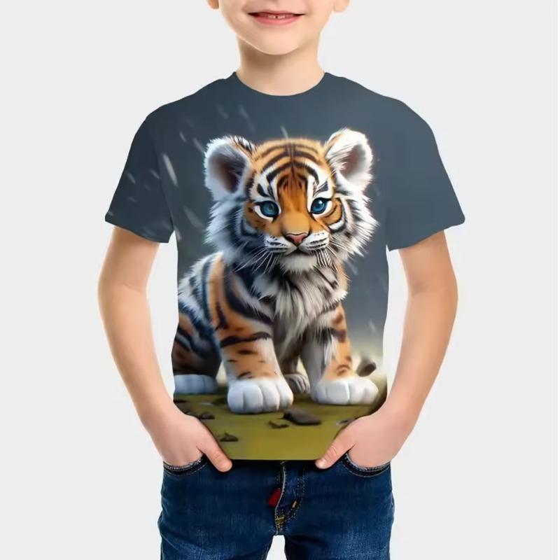 T-Shirts Boys Cute Cartoon Tiger 3D Print Short Sleeves Graphic T Shirts Fun Children's Clothing Sporting Style Boys Clothes