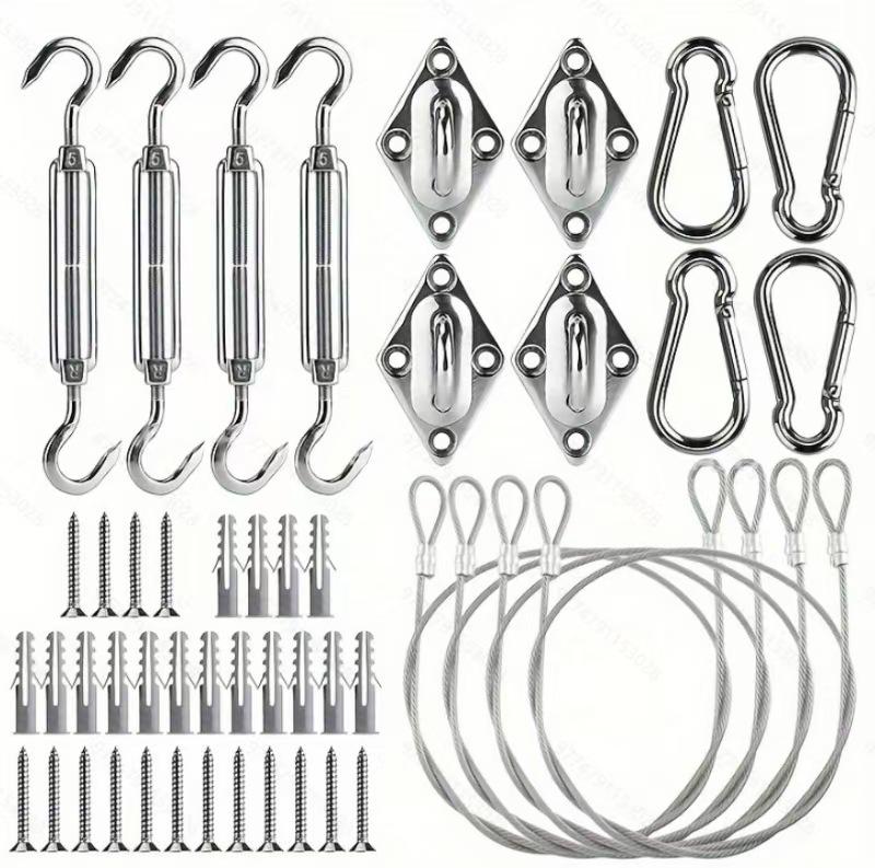 

Комплект аксессуаров для треугольного и квадратного солнцезащитного паруса из нержавеющей стали 304 с ромбовидной пряжкой, пружинным крюком, защелкой и тросом. Sun Shade Accessories