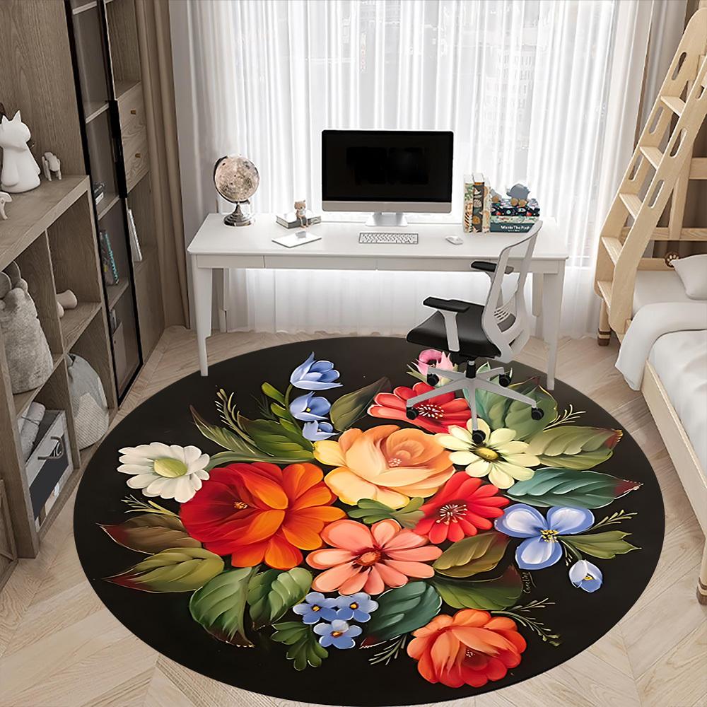 1pc Colorful Flowers Chair Carpet for Office, Round Non-Slip Durable Large Size Office Carpet, Suitable for Office, Beautiful Decoration