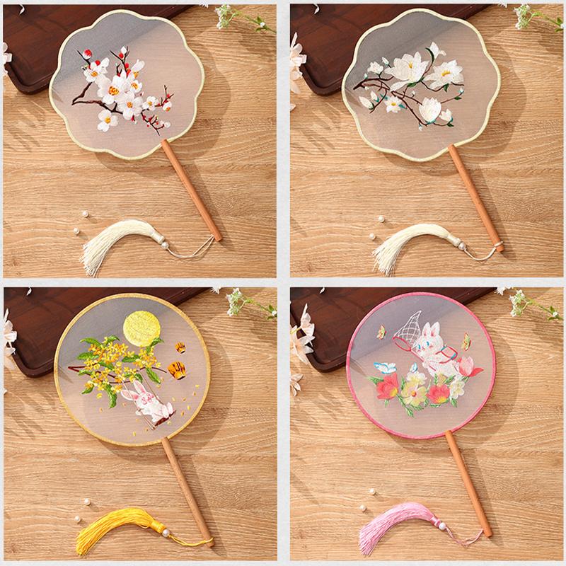 China Fan  Semi-Transparent Long Handle Tassel Dance Fan Female Costume Hanfu Cheongsam Embroidery Small Round Fan