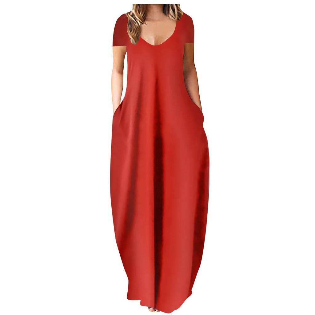 Summer hot sale large size women's clothing solid color sexy deep V-neck short-sleeved dress women