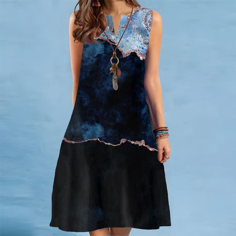 Summer Print A-Line Dress Women Casual Sexy Sleeveless V-neck Loose Mini Dress Elegant Landscape Oil Painting Dress Vestidos