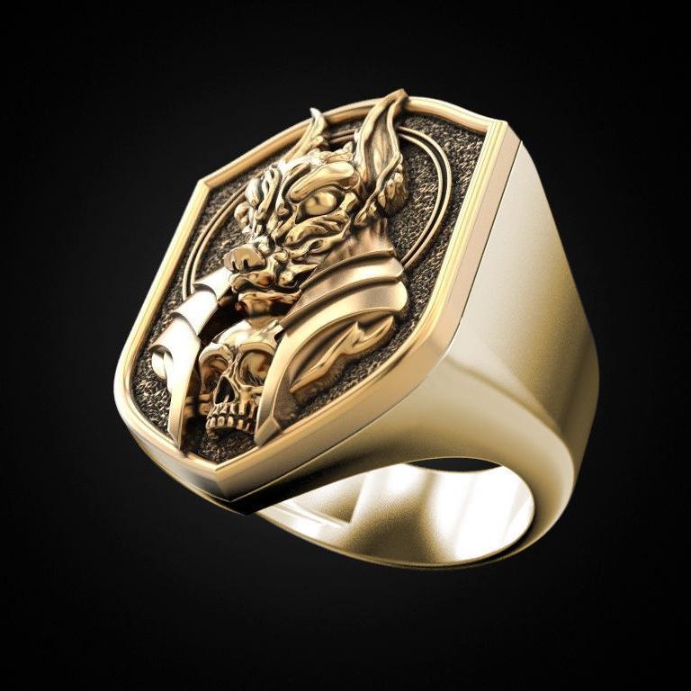 Zhenrong Anubis 18k Gold-Plated Men's Ring - Creative Ancient Egyptian Mythology Design with Jackal Head and Human Body.