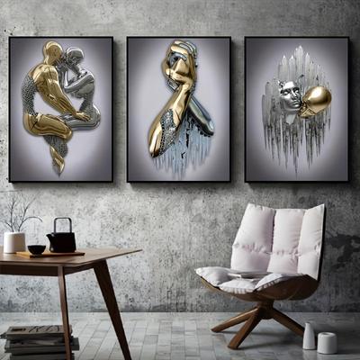 Leinwandposter - Moderne Kunst, Metallfigur Statue Kunst - Romantisches abstraktes Design - Für Schlafzimmer, Wohnzimmer, Flur - Ideales Geschenk zum Valentinstag